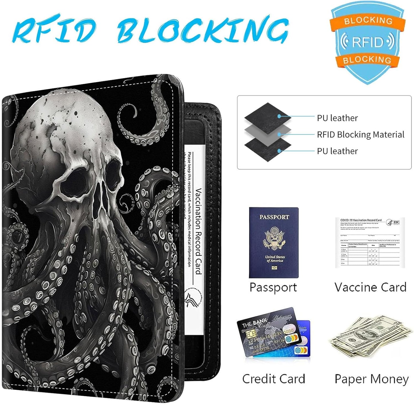 Passport Holder Cover Wallet Travel Essentials RFID Blocking Case Leather Passport Cover Wallet Vaccine Card Slot Organizer for Men Women, Skull Octopus