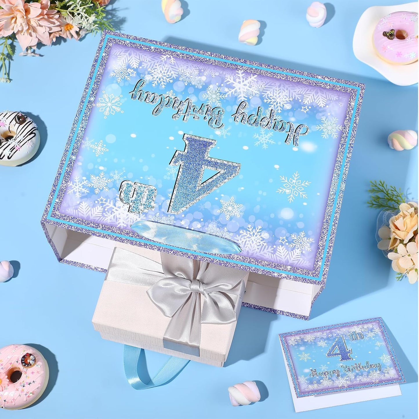 Frozen 4th Birthday Gift Bag for Girls, Large Purple Blue Snowflake Four Birthday Bags with Tissue Paper and Greeting Card Snow Frozen 4 Years Old Party Favor Bags for Girls 4th Bday Christmas Gift