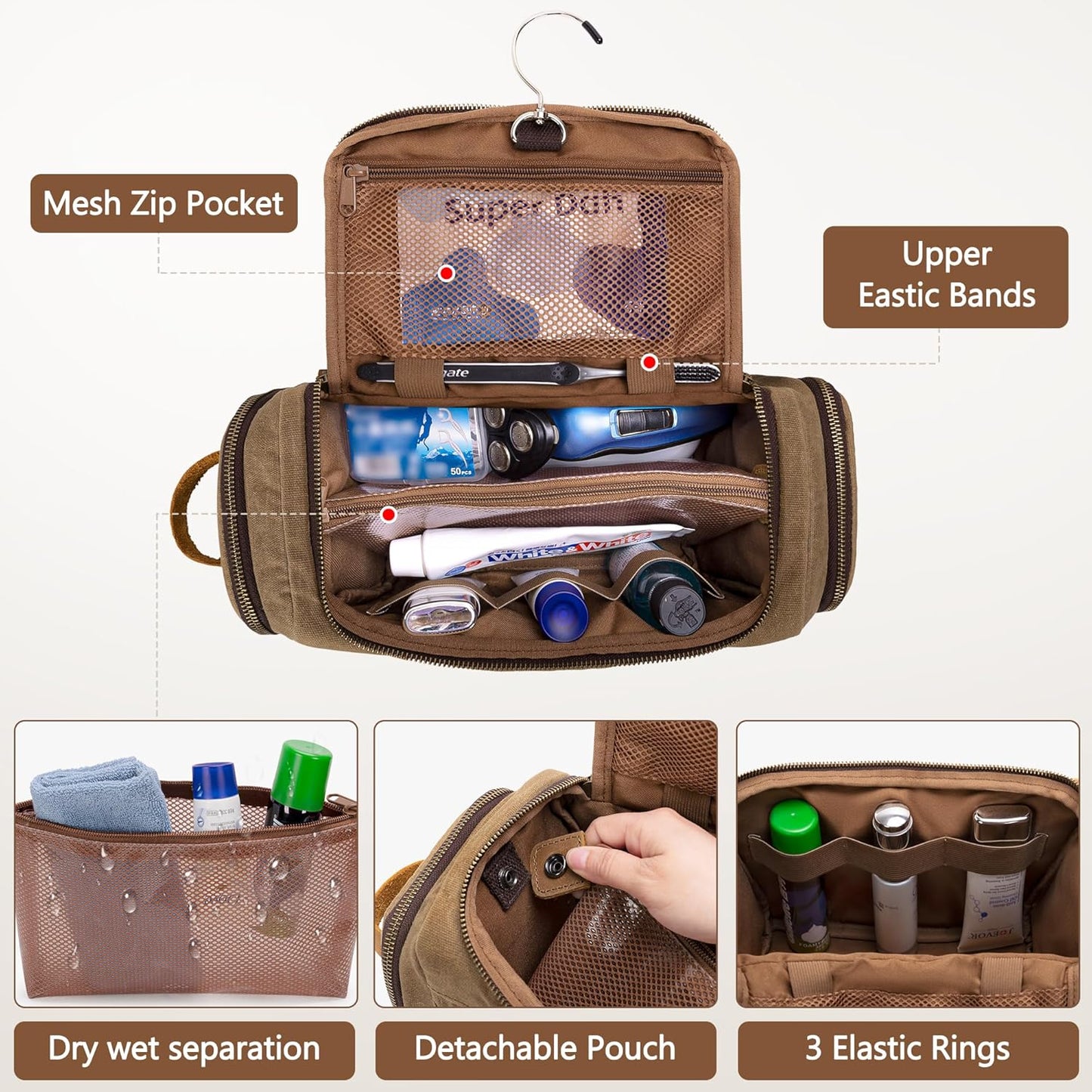 YARWO Hanging Toiletry Travel Bag for Men, Large Waxed Canvas Men Dopp Kit Hygiene Bag with Detachable Zipper Pouch, Water-resistant Shaving Storage Bag for Razor, Shower Essentials, Travel Toiletries