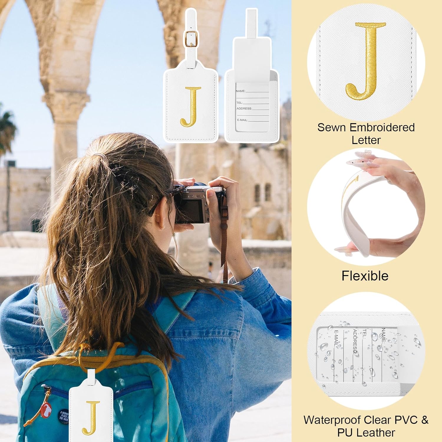 Personalized Initial Luggage Tags for Suitcases, Cute PU Leather Embroidered Letter Travel Luggage