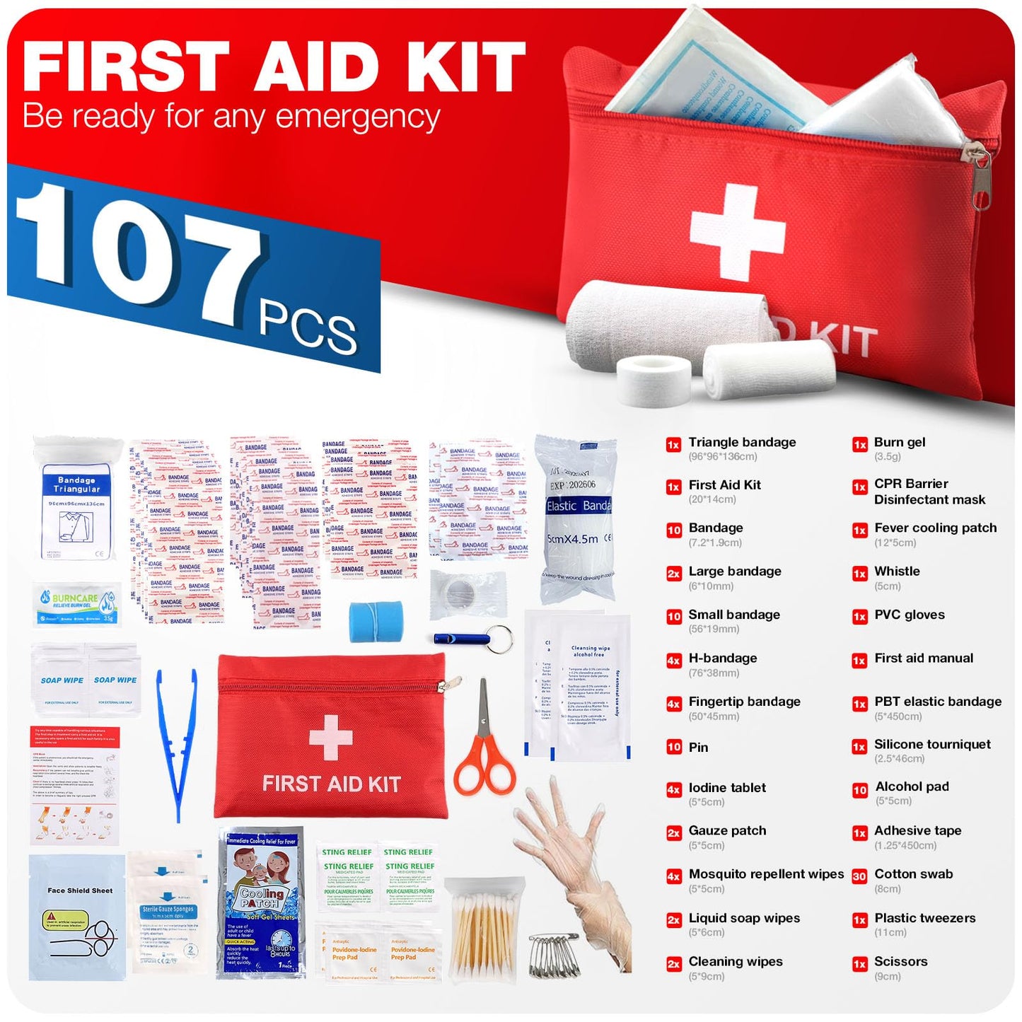 First Aid Kit for Home Car Travel 107 Piece Emergency Kits for Hiking Camping Small Trauma Kit for
