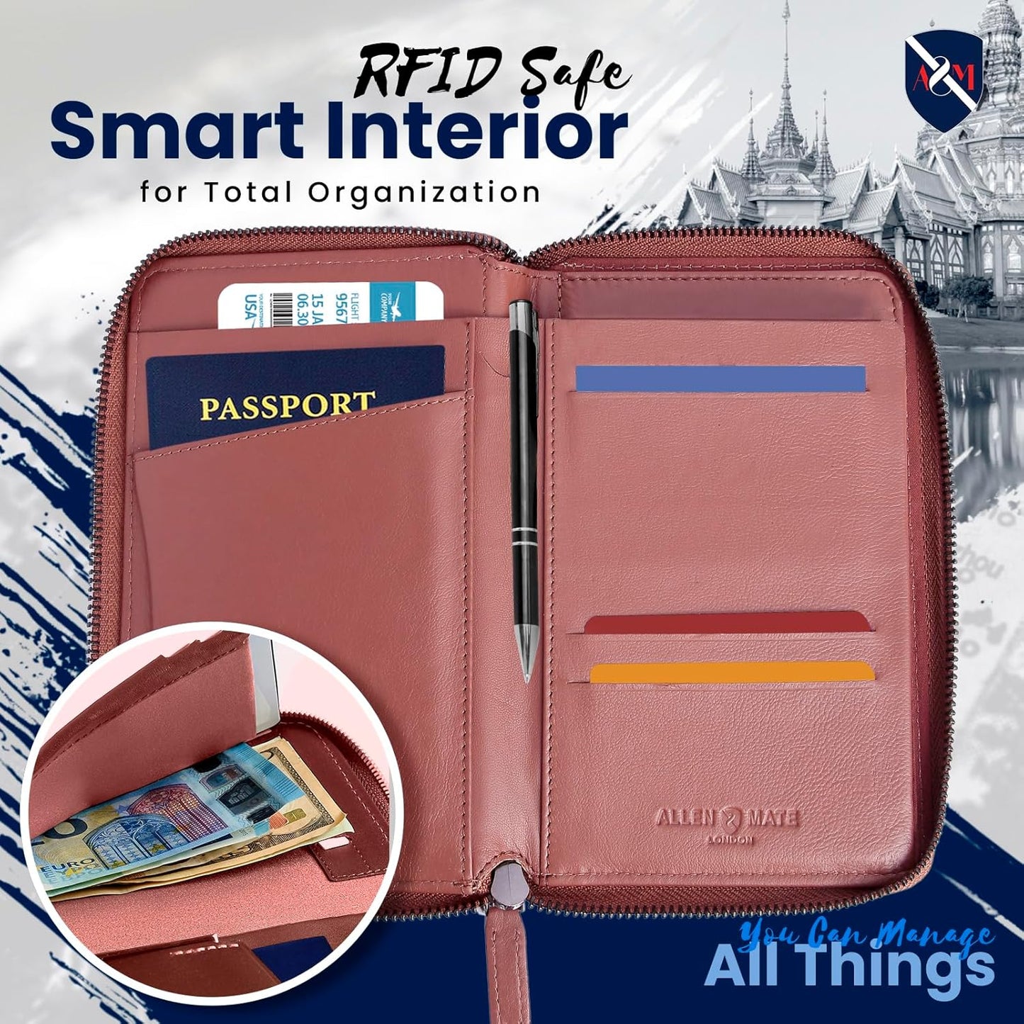 ALLEN & MATE Passport Holder Travel Wallet, 100% Leather RFID Blocking Travel Document Organiser for Men & Women
