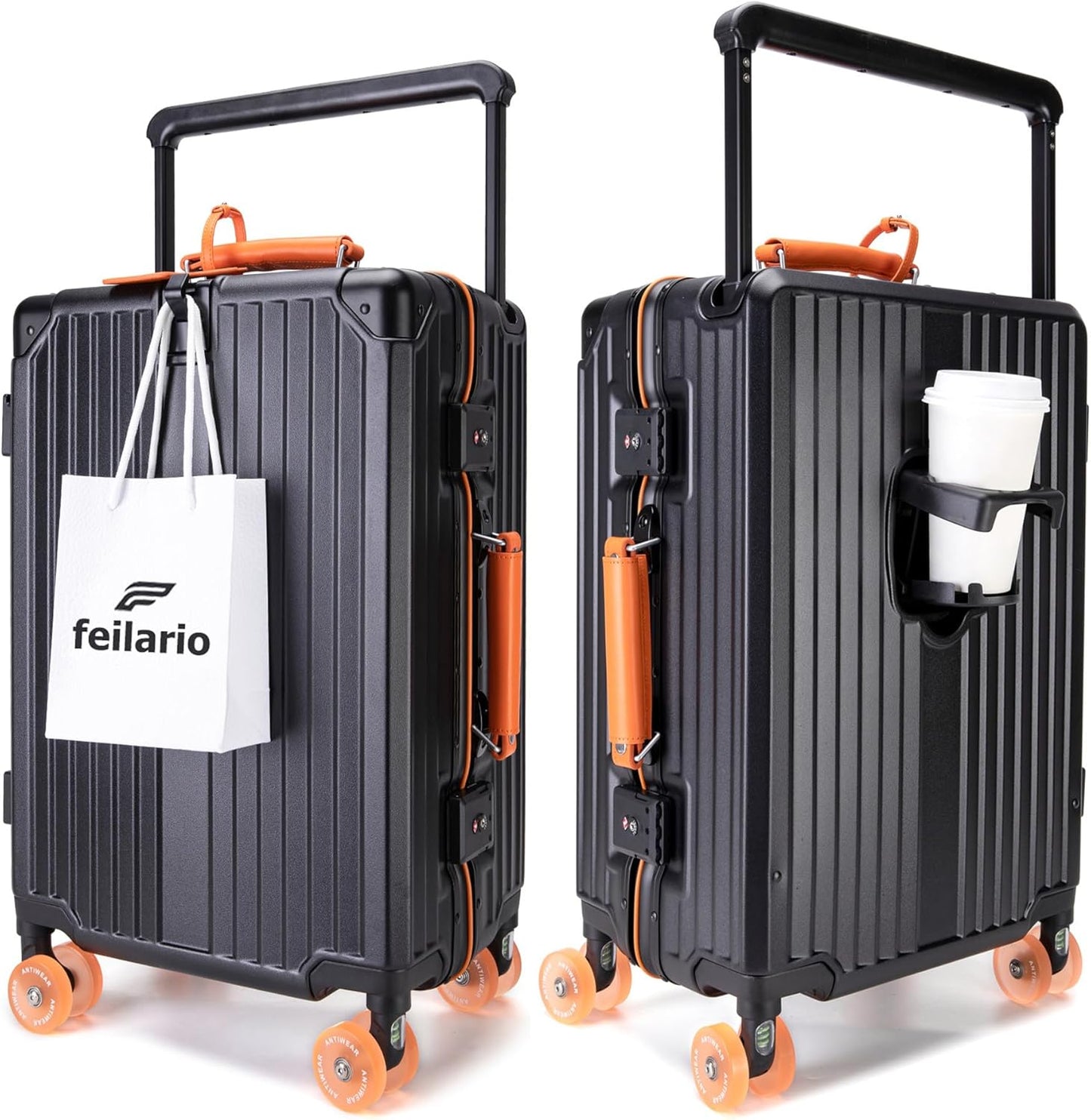 feilario 24" Aluminum Frame Wide Handle Hard Shell Carry On Suitcase - Vivid Colors Double Spinner Wheels Airline Approved Rolling Luggage with TSA Lock & Cup Holder (Black, 24in)