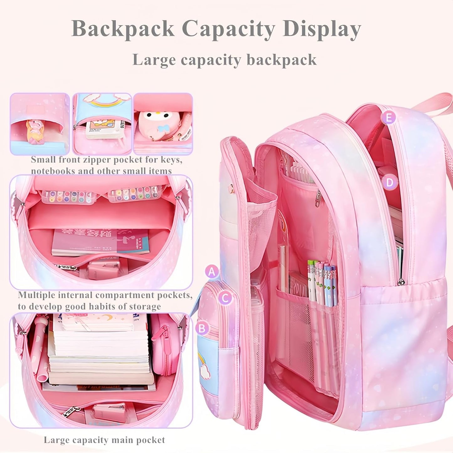 Gradient Kids Bookbag with Compartments - Cute Backpacks for Elementary School Girls
