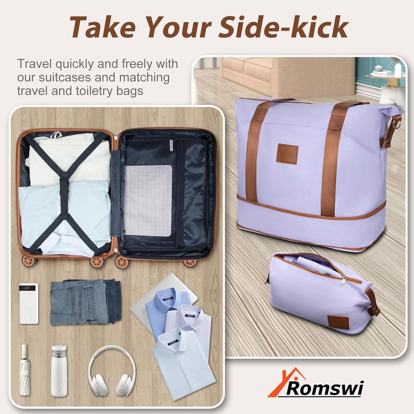 Romswi Luggage Set 3 Piece, Hardside 20 inch Carry On Luggage Airline Approved ABS+PC Suitcase with 22inch Duffel Bags, Purple, Luggage Set (DB/TB/20) with TSA Lock Dual Spinner Wheels