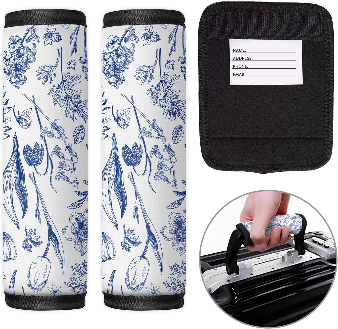 2 Pack Luggage Handle Wrap Travel Tags - Set of Luggage Tags for Suitcases, Identifiers, Marker, and Handle Covers - Cruise Accessories and Travel Gifts（Cute Blue Flower