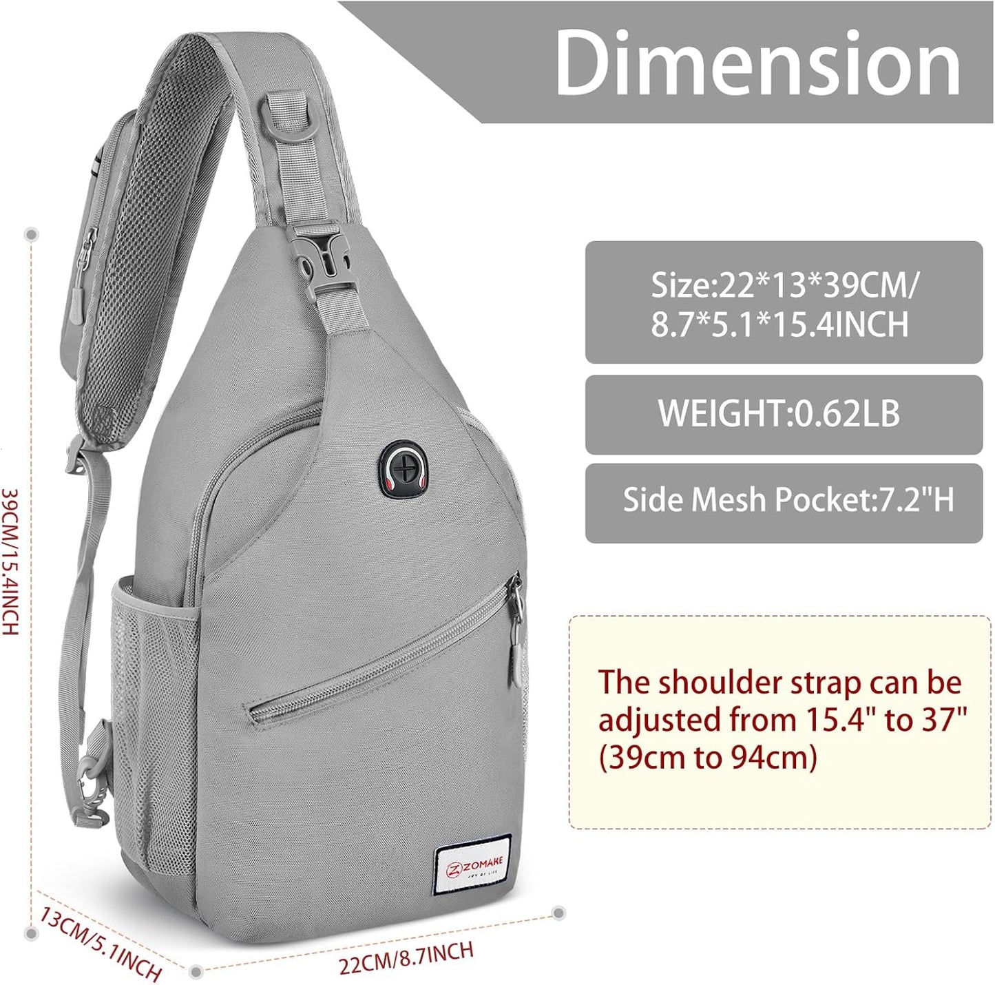 ZOMAKE Sling Bag,Small Crossbody Sling Backpack,Water Resistant Shoulder Daypack for Travel,Anti Thief Chest Bag for Hiking(Grey(New))