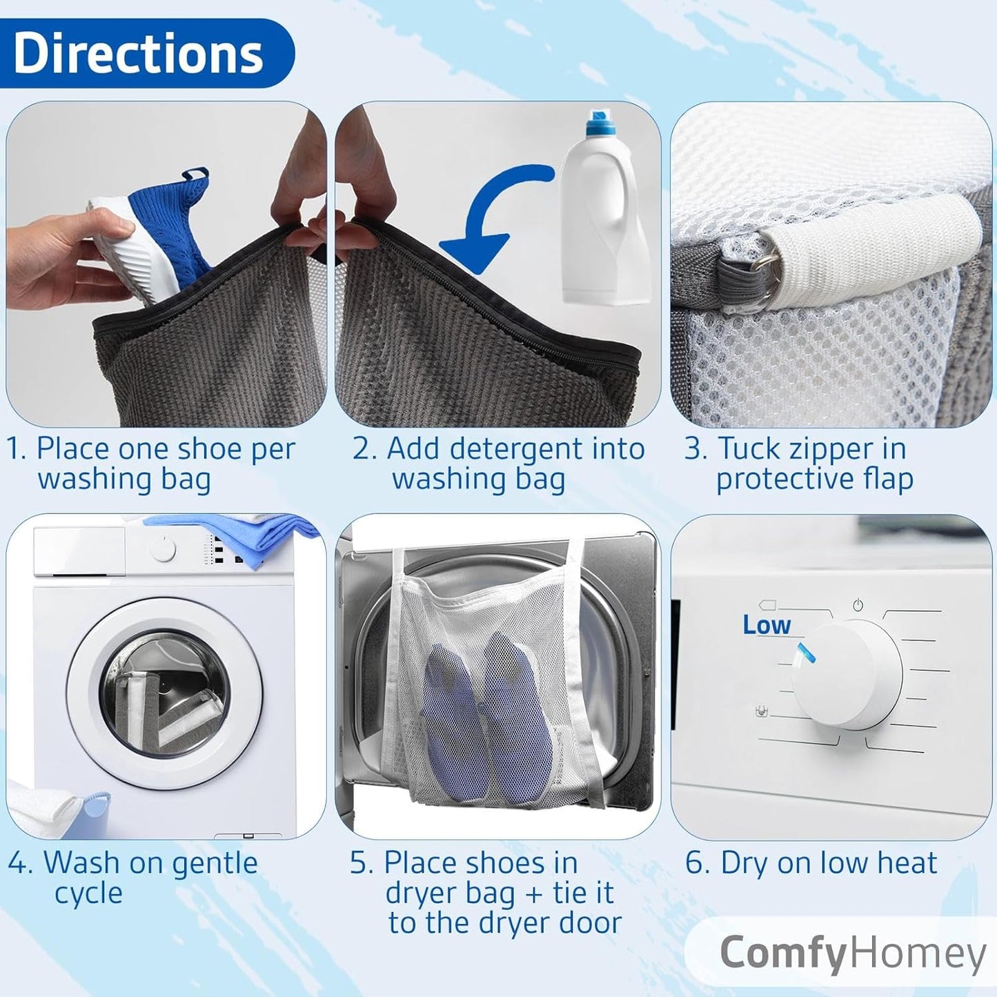 ComfyHomey Shoe Laundry Bag Set: 2 Pack Shoe Washing Machine Bags + Reusable Dryer Mesh Bag | Durable, Tear-Resistant, Reinforced Zipper | 360° Clean for Sneakers, Tennis & Gym Shoes, Easy & Safe Wash