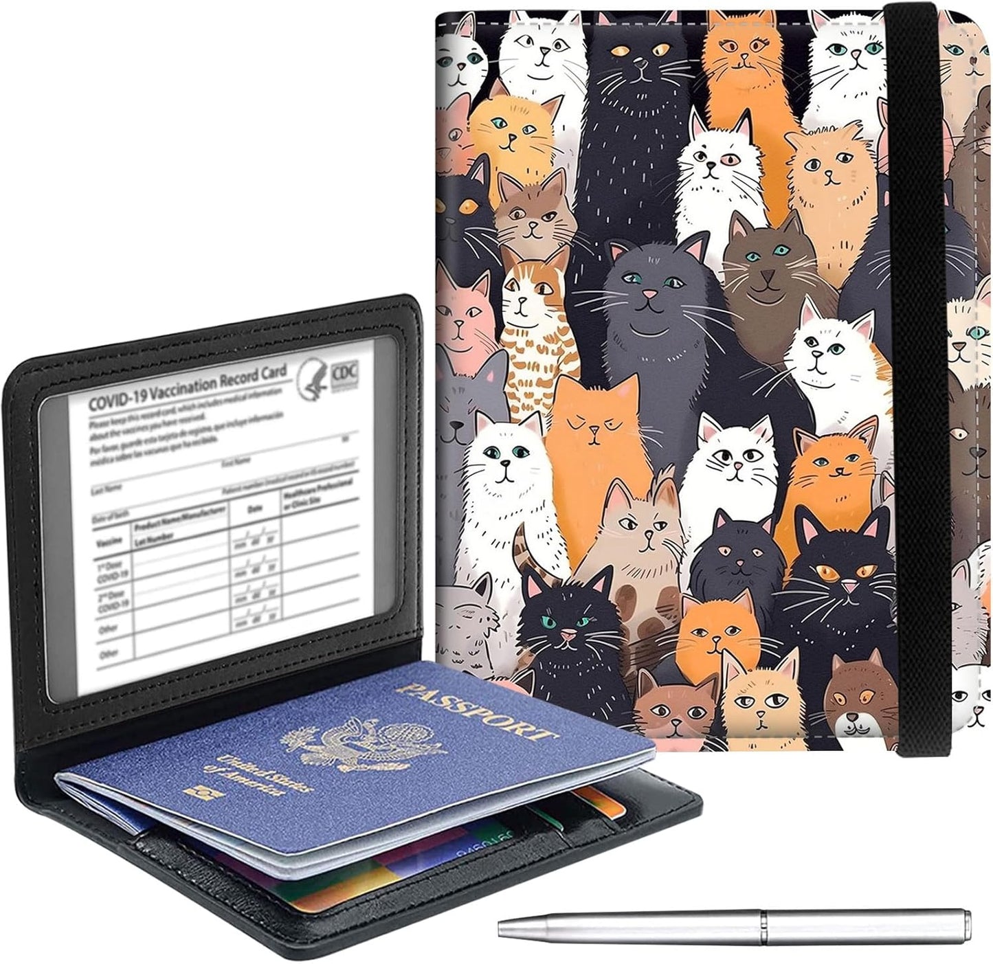 Passport Holder Cover Wallet Travel Essentials RFID Blocking Case Leather Passport Cover Wallet Vaccine Card Slot Organizer for Men Women, Cats