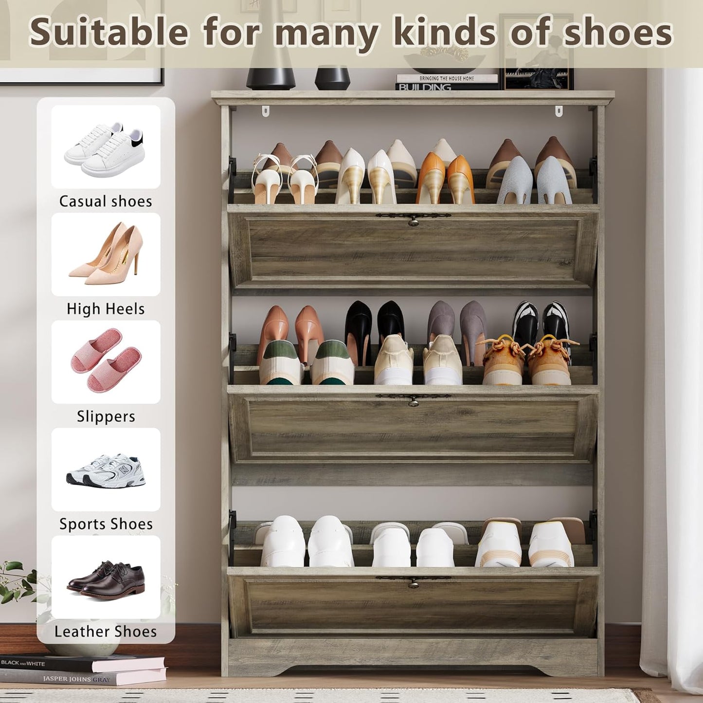 3 Flips Shoe Cabinet for Entryway, Narrow Shoe Storage Cabinet with Adjustable Shelves, Wooden Space-Saving Organizer and Rack for Foyer, Closet, Hallway