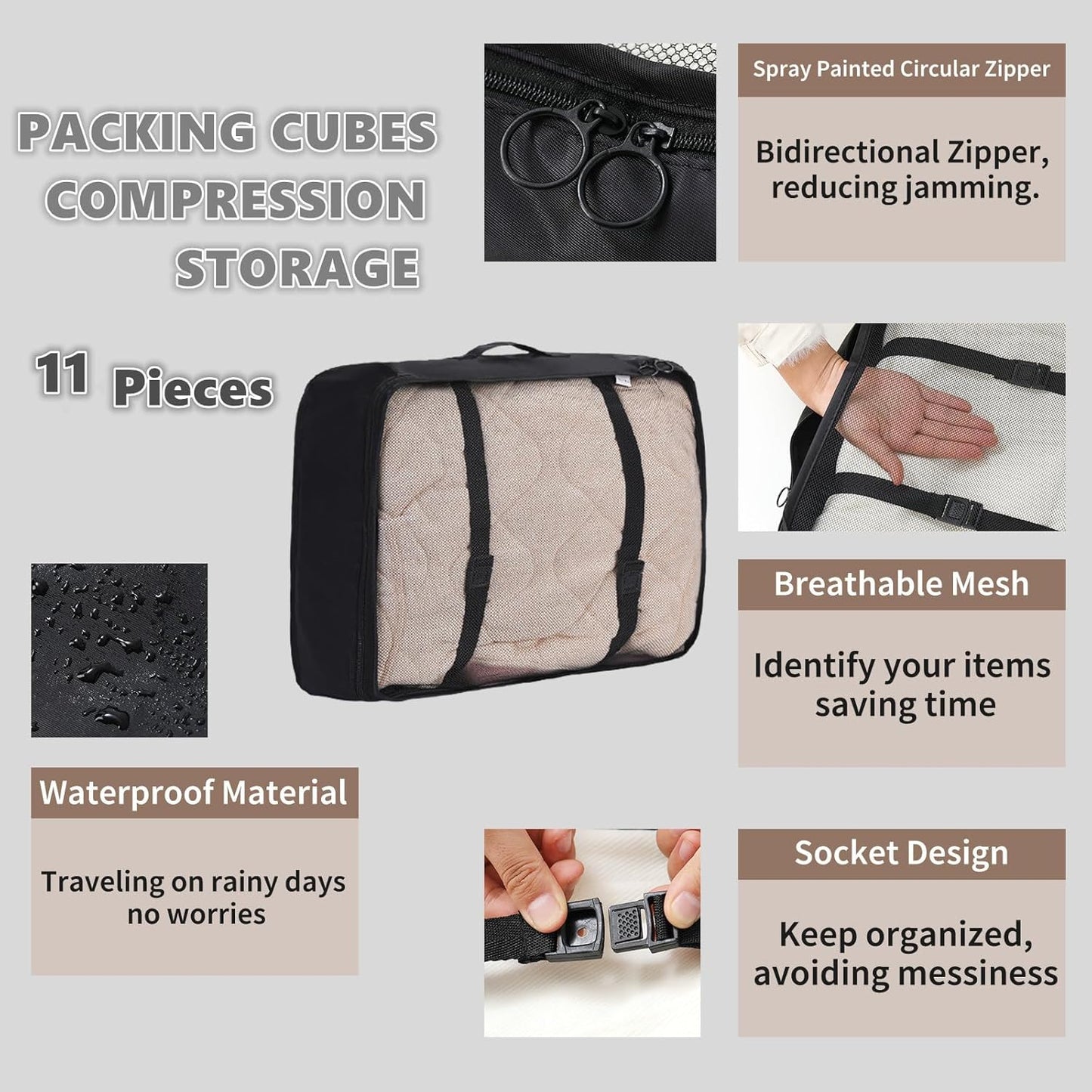 Packing Cubes Storage Bags 11 Pieces-Luggage Organizers Classify Store Clothing Efficiently for Travel Outdoor Home (Black, 11 Pieces)