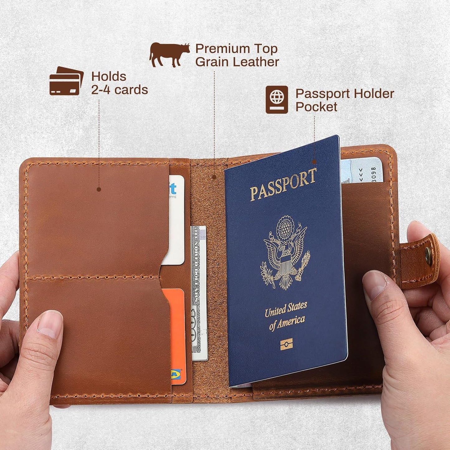 Full Grain Leather Passport Holder with AirTag, Travel Passport Wallet and Air Tag Cover for Men and Women, with 4 Card Holder