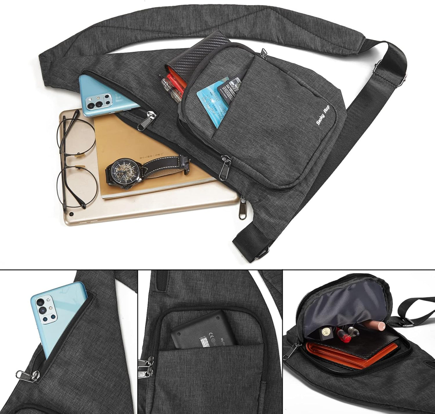 Seoky Rop Waterproof Sling Bag Crossbody Bag for Men Women Slim Hidden Anti-Thief Travel Personal Pocket Dark Grey