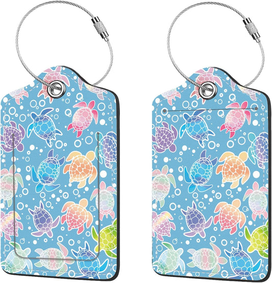 2 Pcs Luggage Tags for Suitcase, Cute Unique PU Leather Travel Bag Tag with Privacy Cover ID Label Address Card and Durable Metal Ring Suitable for Men Women Children Backpack,Colorful Sea Turtles