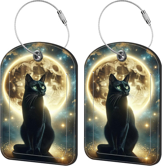 2 Pack Cute Luggage Tag for Suitcases Black Cat and Sky Leather Luggage Tags with Stainless Steel Loop Privacy Flap Name Tags,Men and Women Travel Bag Suitcase Tags