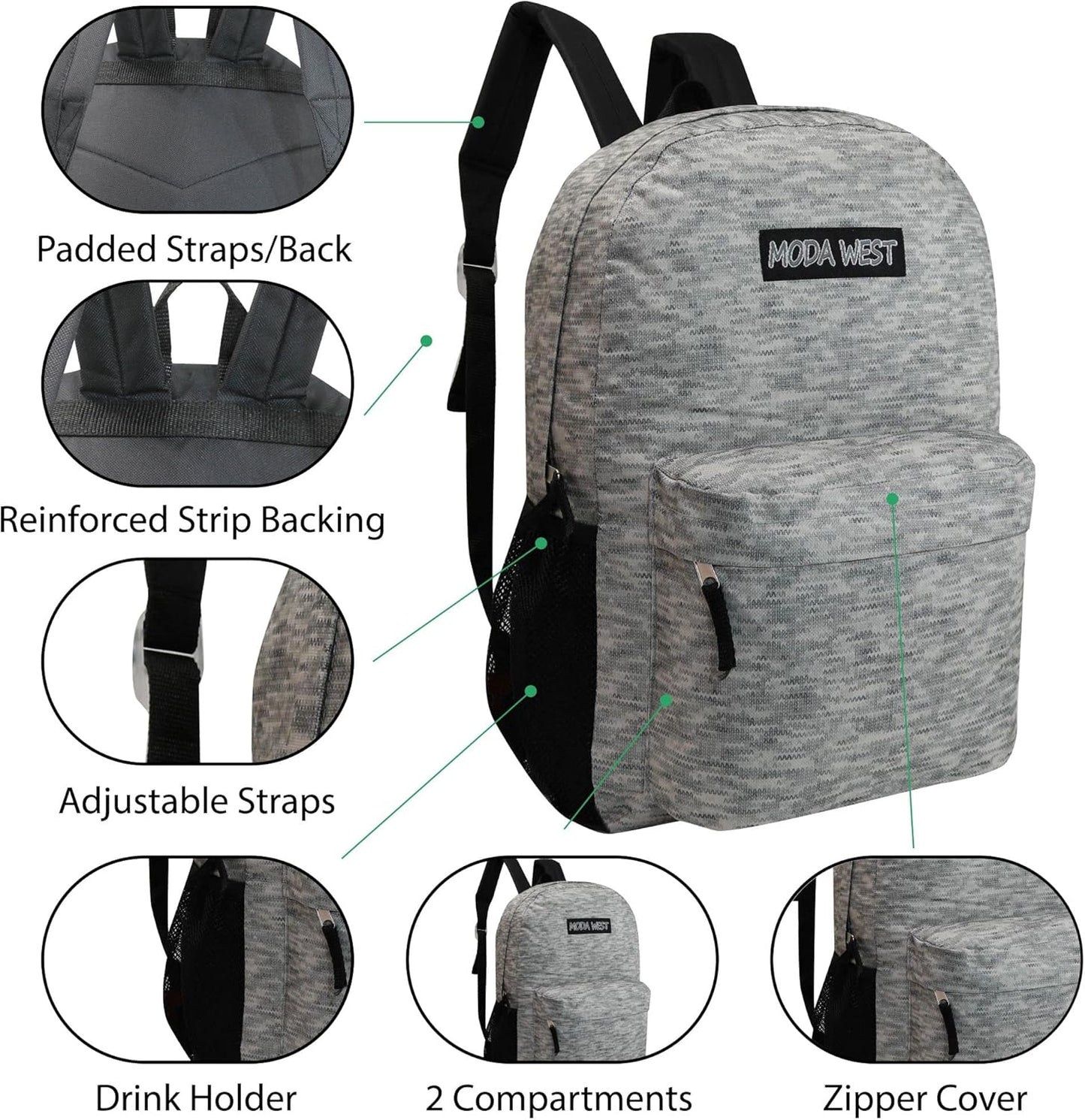 24-Pack 17" Classic Backpacks for Kids - Bookbags in Bulk for Elementary, Middle, and High School Students, 12 Assorted Colors