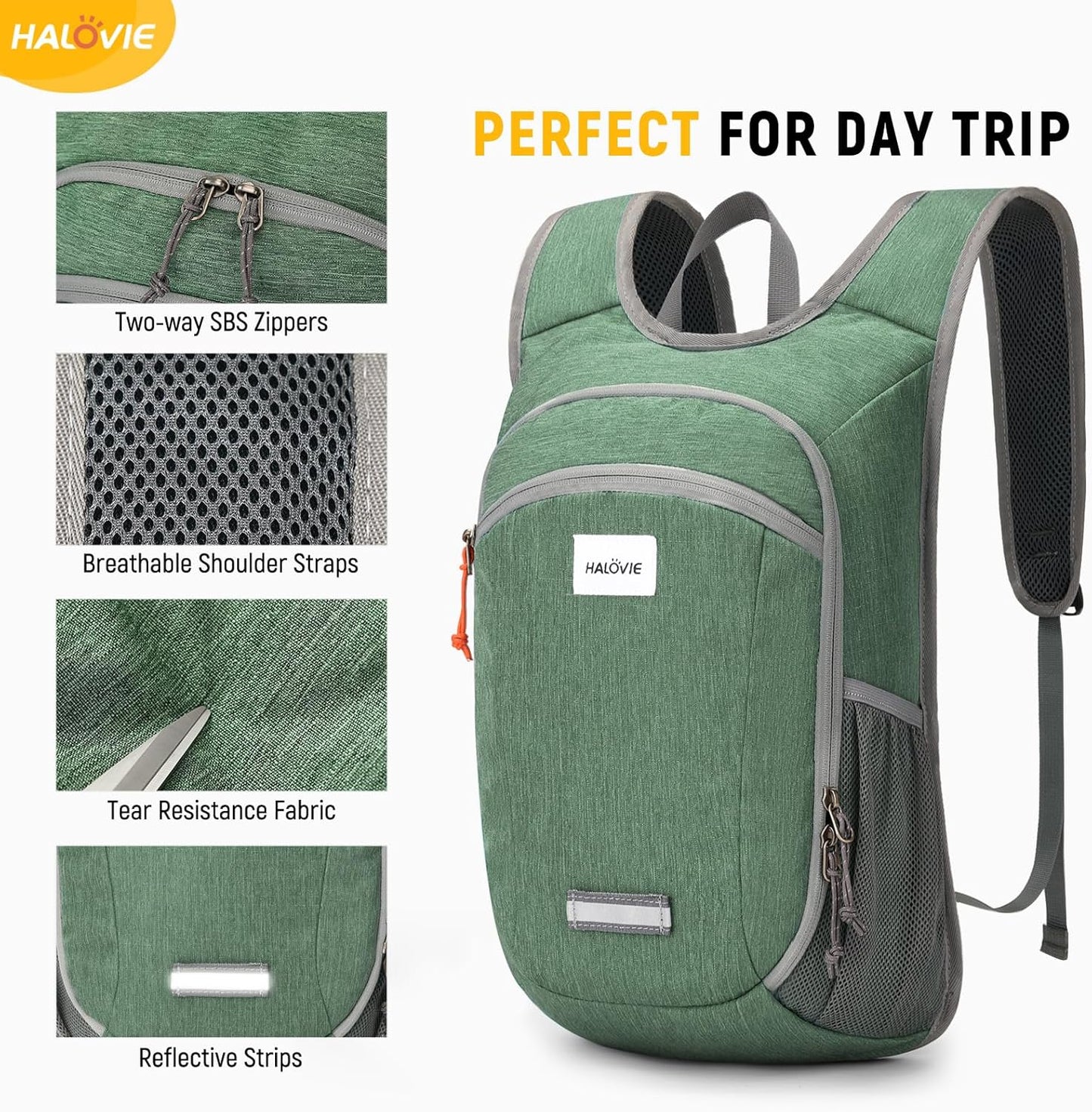 HALOVIE Small Hiking Backpack 10L Packable Lightweight Daypack Foldable Travel Back Pack for Women Men(Green)