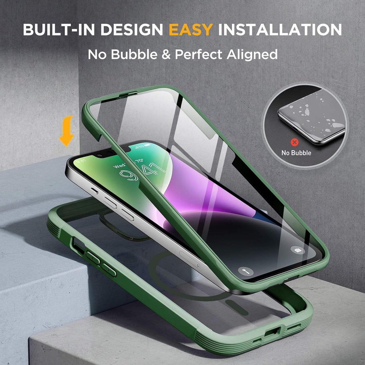 Miracase Glass Series Designed for iPhone 14 Plus Case 6.7 inch, 2023 Upgrade Full-Body Magnetic Clear Case with Built-in 9H Tempered Glass Screen Protector,Compatible with MagSafe,Green