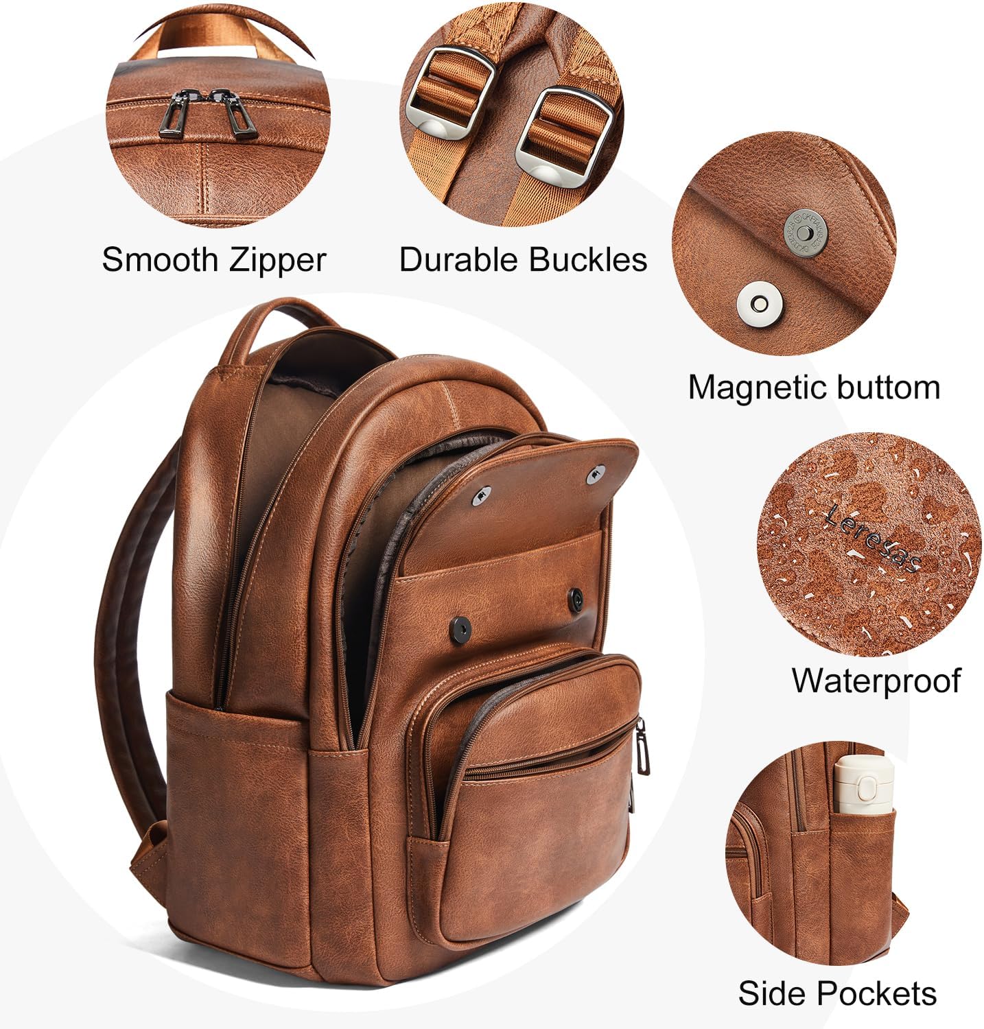 37L Backpack Purse for Women Men for Work Travel BackPack Vegan Leather Laptop College Daypack Shoulder Bag Brown