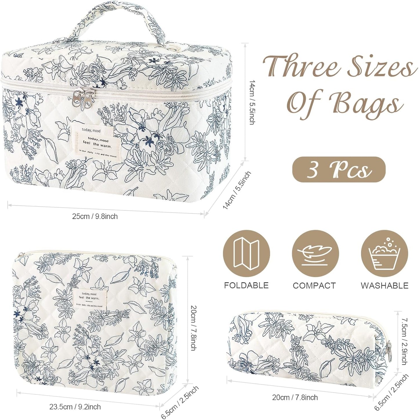3Pcs Cotton Quilted Makeup Bag for Women Girls, Large Floral Cosmetic Bag Set Cute Makeup Brushes Aesthetic Accessories Storage Bag Flower Travel Toiletry Bag Organizer