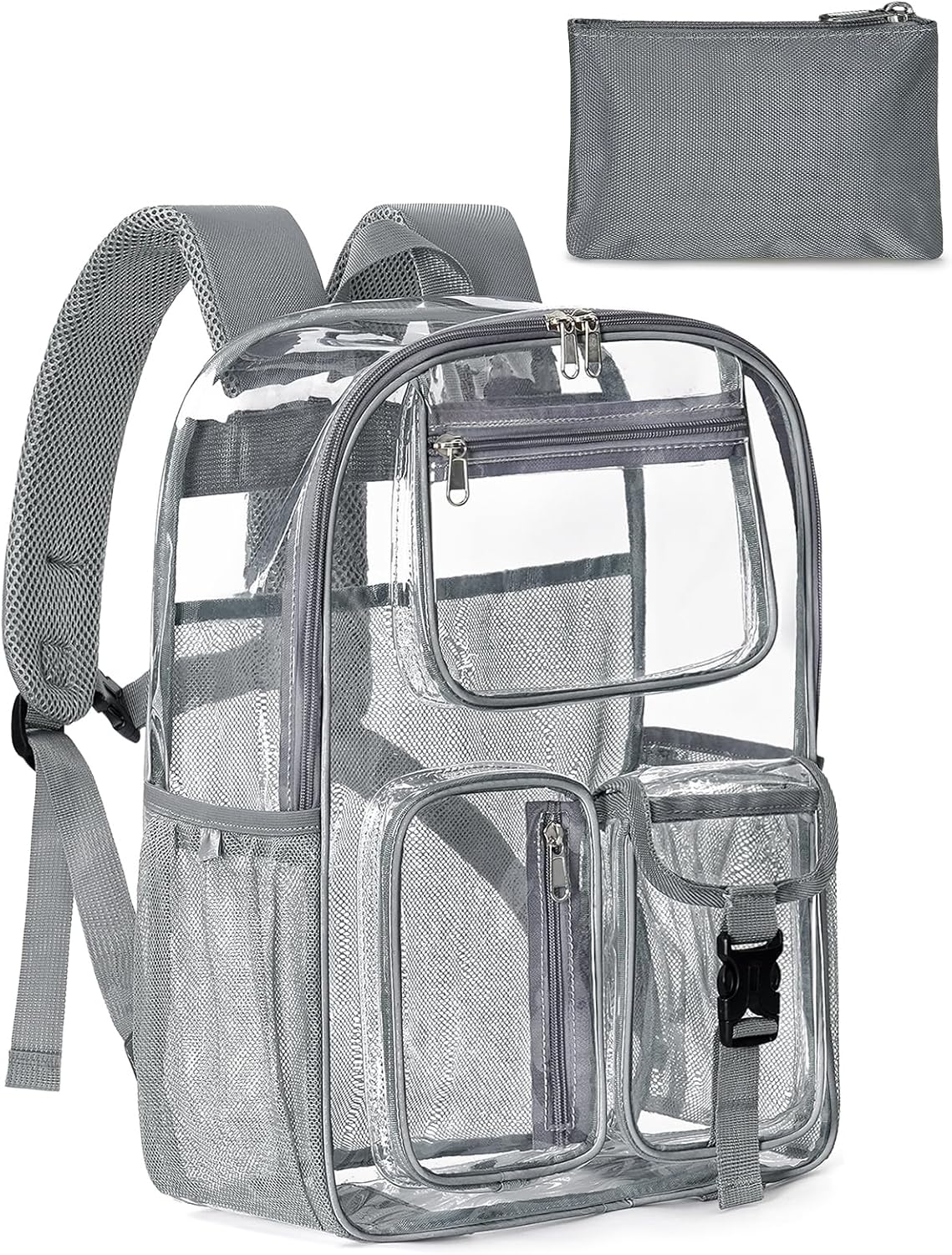 Heavy Duty Clear Backpack For School, 17 Inch Clear Bookbag For Kids Boys Girls Women Men, Large See Through Backpack With An Extra Pouch Accessories, Multi-Pockets Tranparent Bag, Work, Grey