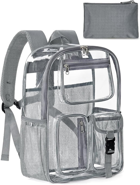Heavy Duty Clear Backpack For School, 17 Inch Clear Bookbag For Kids Boys Girls Women Men, Large See Through Backpack With An Extra Pouch Accessories, Multi-Pockets Tranparent Bag, Work, Grey