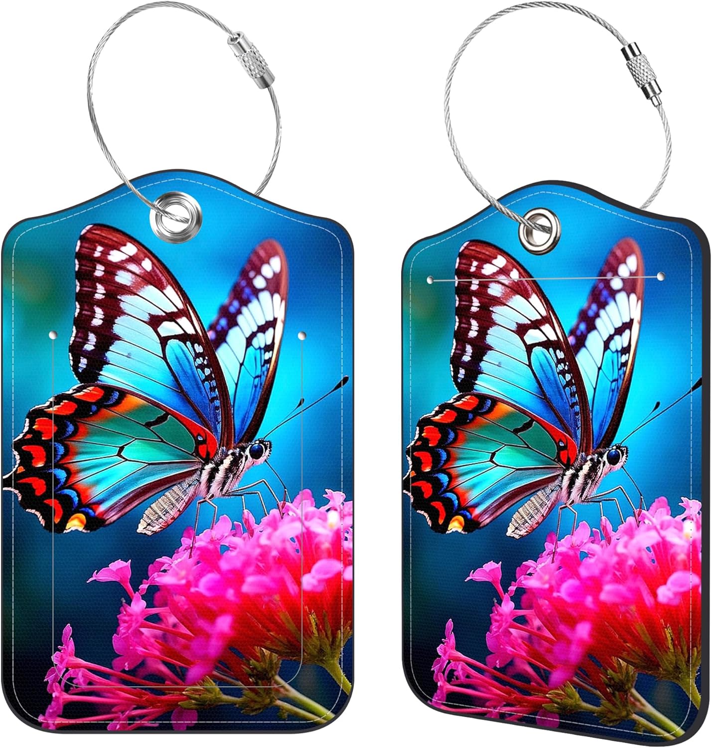2 Pcs Luggage Tags for Suitcases, Butterfly on Pink Flower Leather Bag Tags for Luggage Privacy Cover Name ID Label with Stainless Steel Loop Cruise Airport Travel Essentials