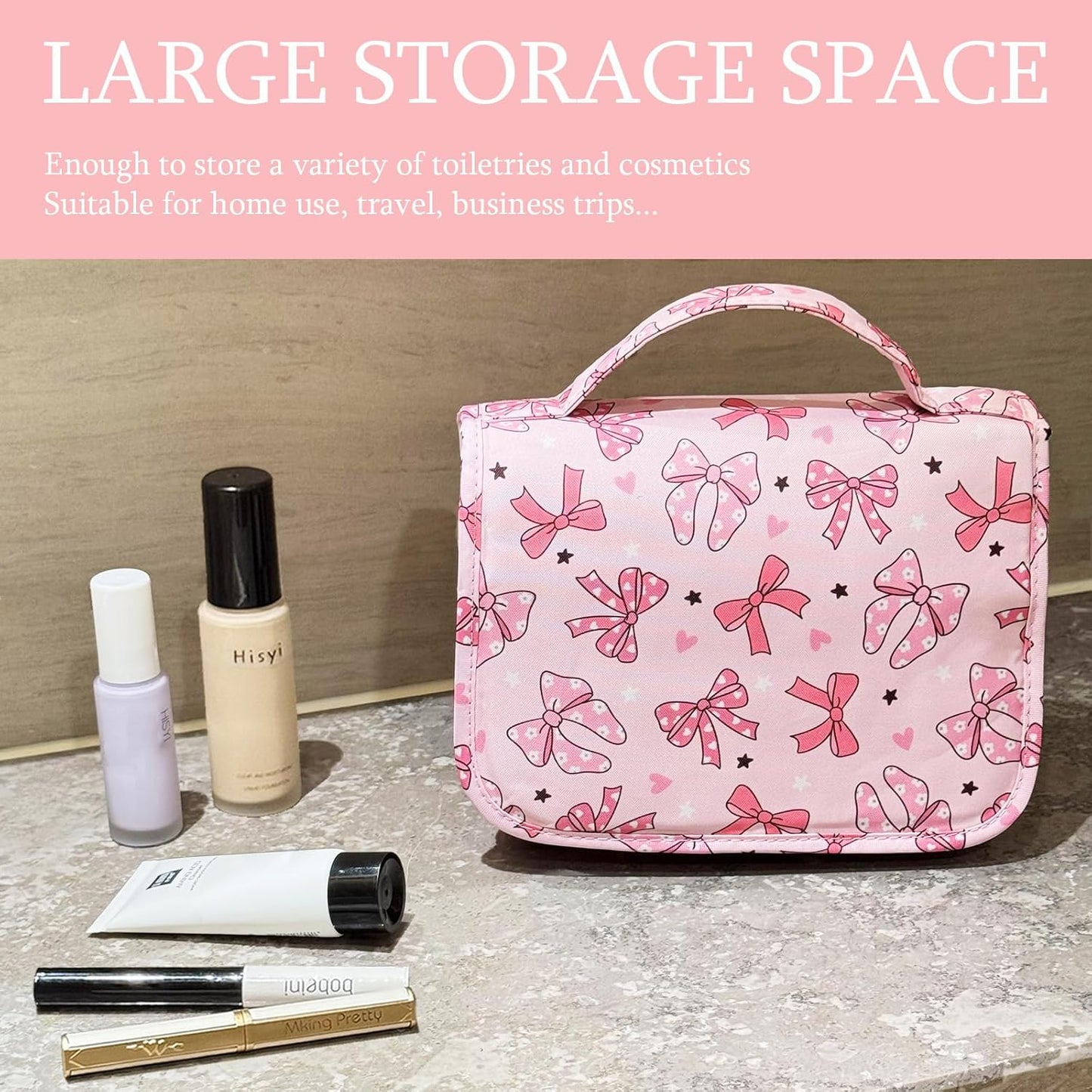 Crazy Bison Pink Bows Hanging Travel Toiletry Bag Kit Makeup Bag Cosmetics Organizer for Men Women (Pink Bows)