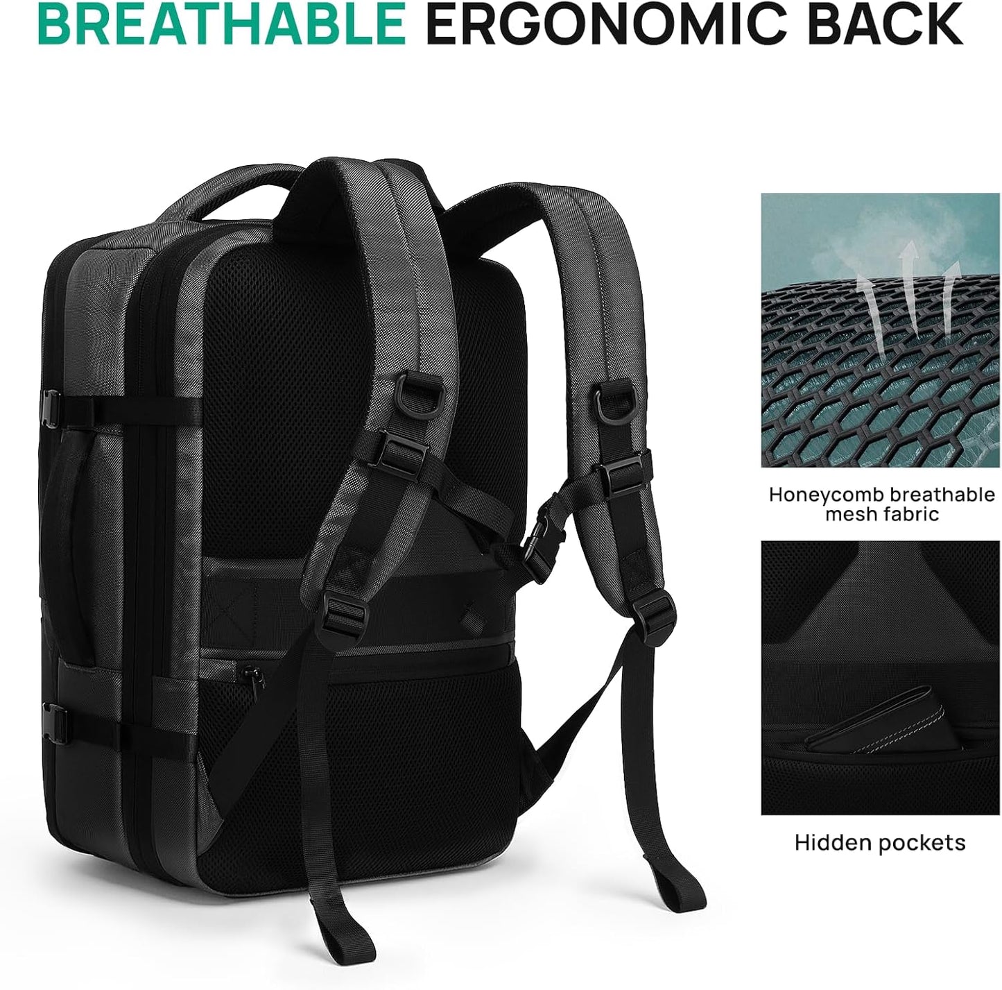 Dinictis Vacuum Seal Travel Backpack 60L Built-in Pump, Expandable Backpack with Vacuum Compression fits 17 inch Laptop, Waterproof Carry On Suitcase Luggage suit for Short Trip and Business-Black