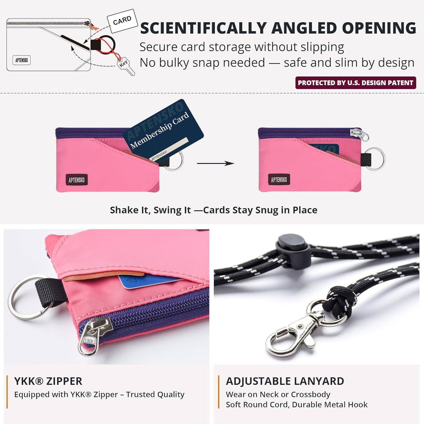 RFID Travel Wallet with Adjustable Lanyard-Zipper Small Wallet with ID Card Holder, Keychain for women&men-Minimalist Slim Waterproof Nylon case for ID, Cash, Key (Pink+RosePink)