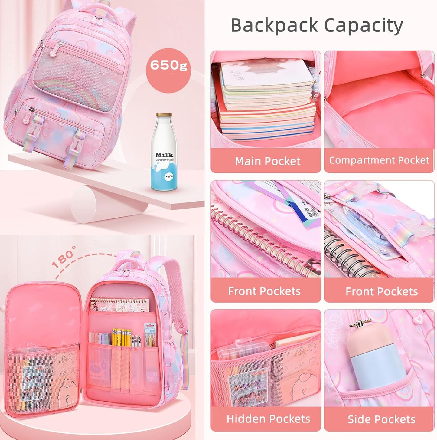 Kids Backpack for Girls Cute Rainbow Butterfly Backpacks for Teen Girls Age 8-12 Kindergarten Elementary Bookbag,Pink