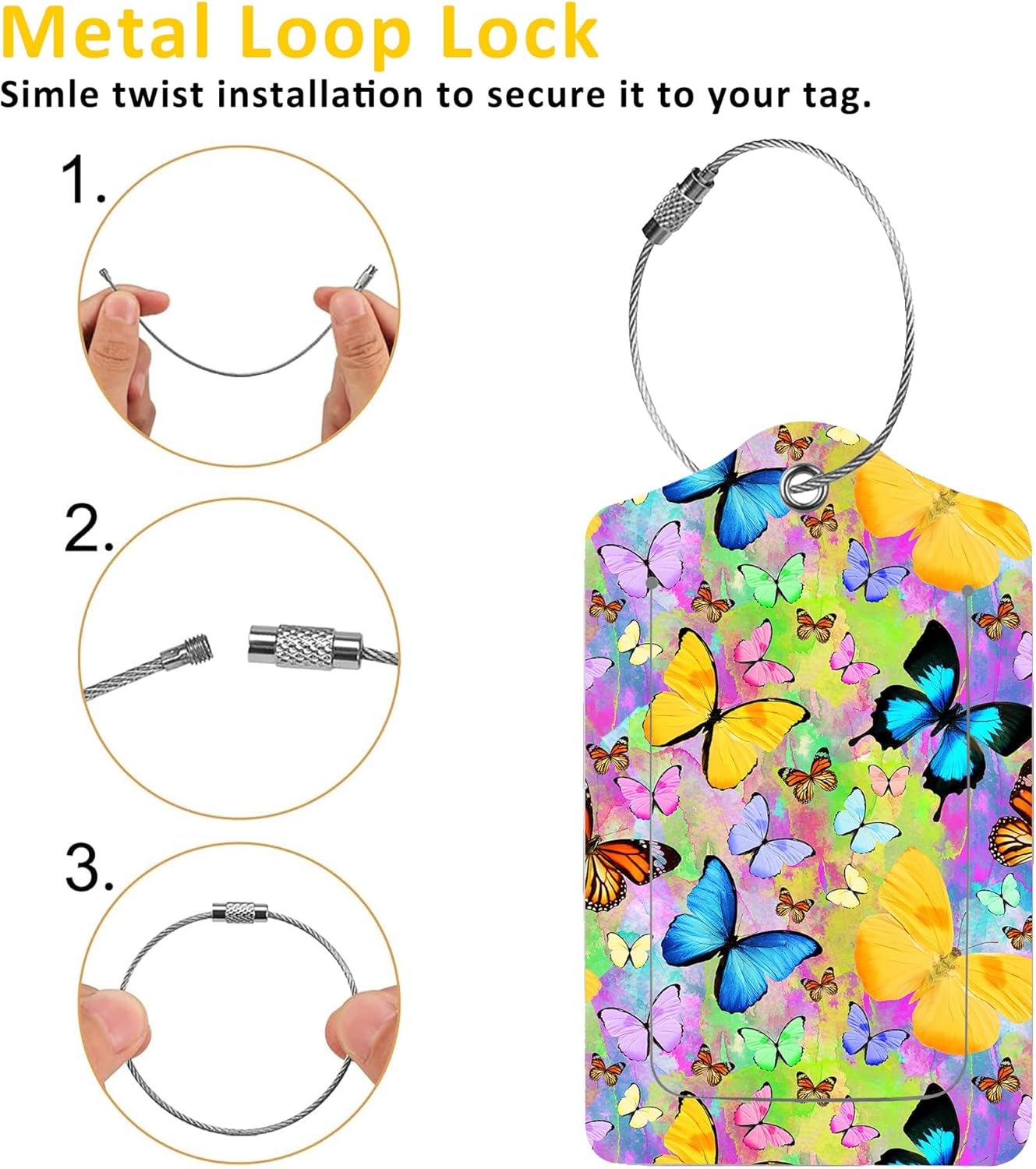 2 Pack Luggage Tags for Suitcases,Colored Tropical Butterflies Luggage Tag,PU Leather Id Label Luggage Tags with Stainless Steel Loop and Privacy Cover for Women Men Teens Travel