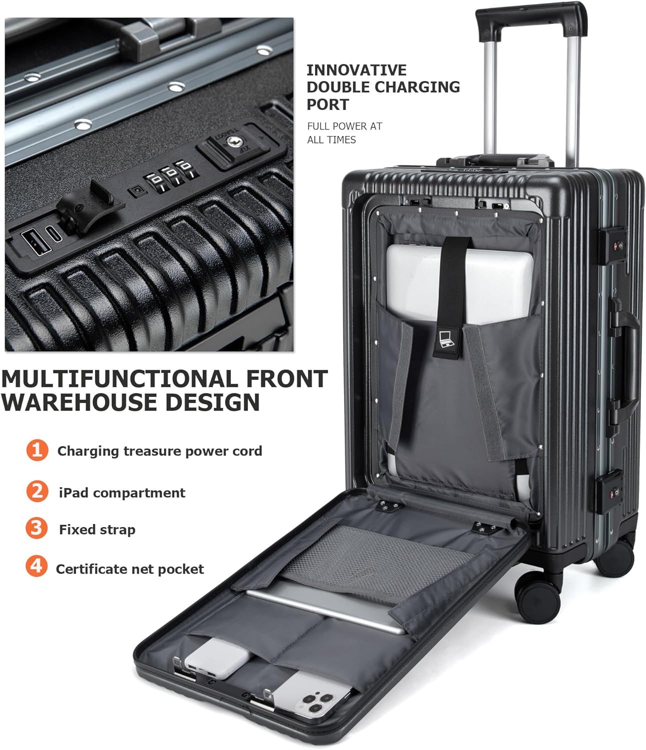 feilario 20in Aluminium Frame PC Hard Shell Spinner Wheels Luggage, Built-In TSA lock Carry on Suitcase, with Cup Holder, USB Port, Phone Holder