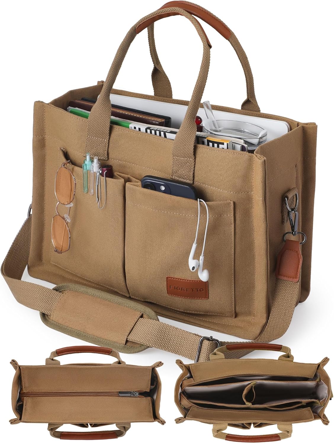 FIORETTO Canvas Tote Bag for Women with Zipper Closure & Individual Compartments for Work College