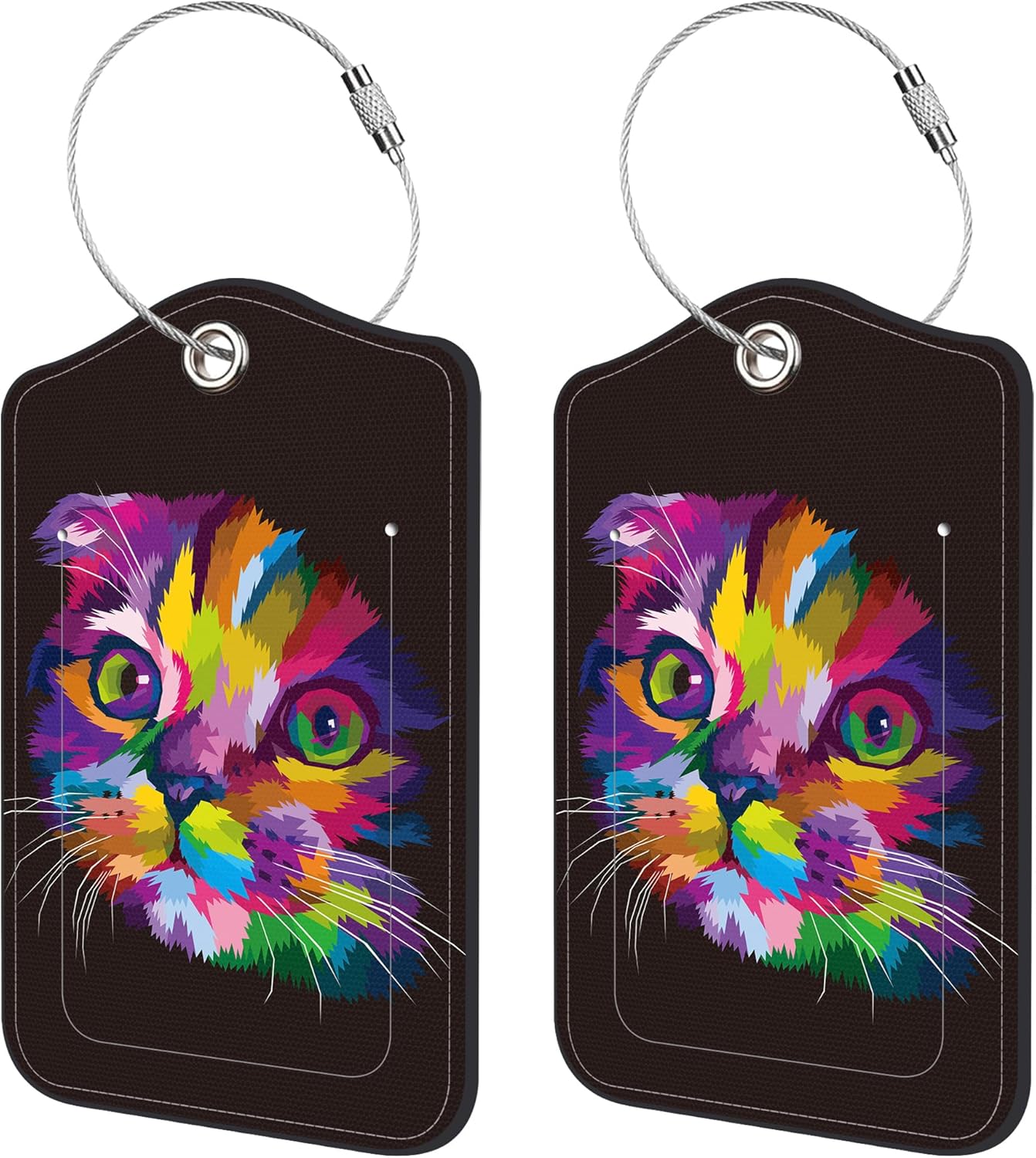 2 Pack Luggage Tags,Cat Pop Art PU Leather Idea Baggage Tag with ID Labels Privacy Cover Metal Ring Men and Women Travel Bag Labels