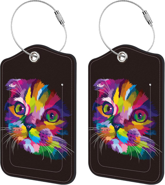 2 Pack Luggage Tags,Cat Pop Art PU Leather Idea Baggage Tag with ID Labels Privacy Cover Metal Ring Men and Women Travel Bag Labels