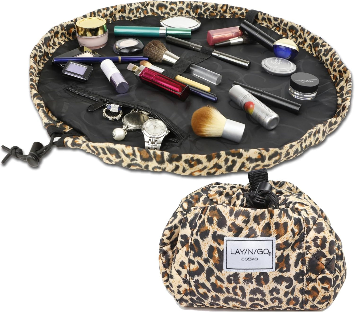 Lay-n-Go Cosmo Layflat Drawstring Cosmetic & Makeup Bag Organizer w/Zipper Pocket, Brush Loops &