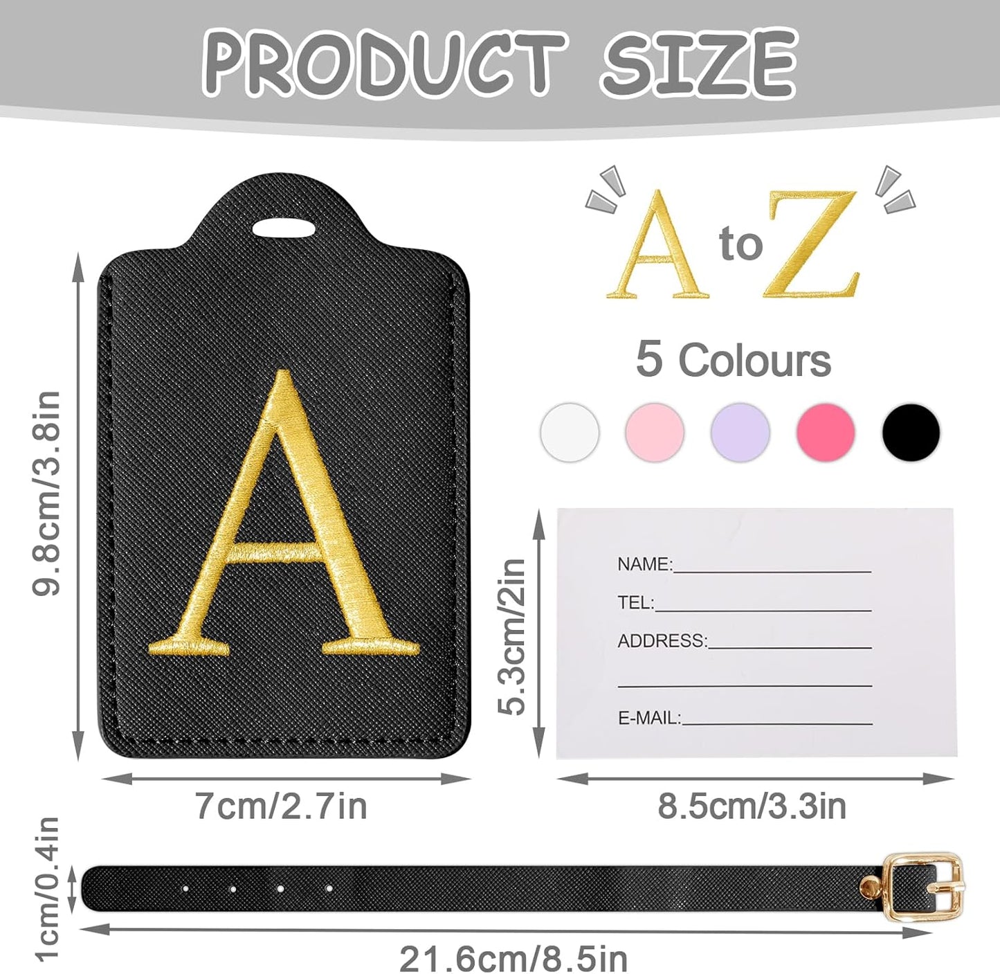 Initial Luggage Tags for Suitcases, Cute Embroidered Letter Luggage Bag Suitcase Identifier Name Baggage Tag, PU Leather Travel Luggage Tags, Bag Tags for Men Women Kids Luggage Handbags(Black A)