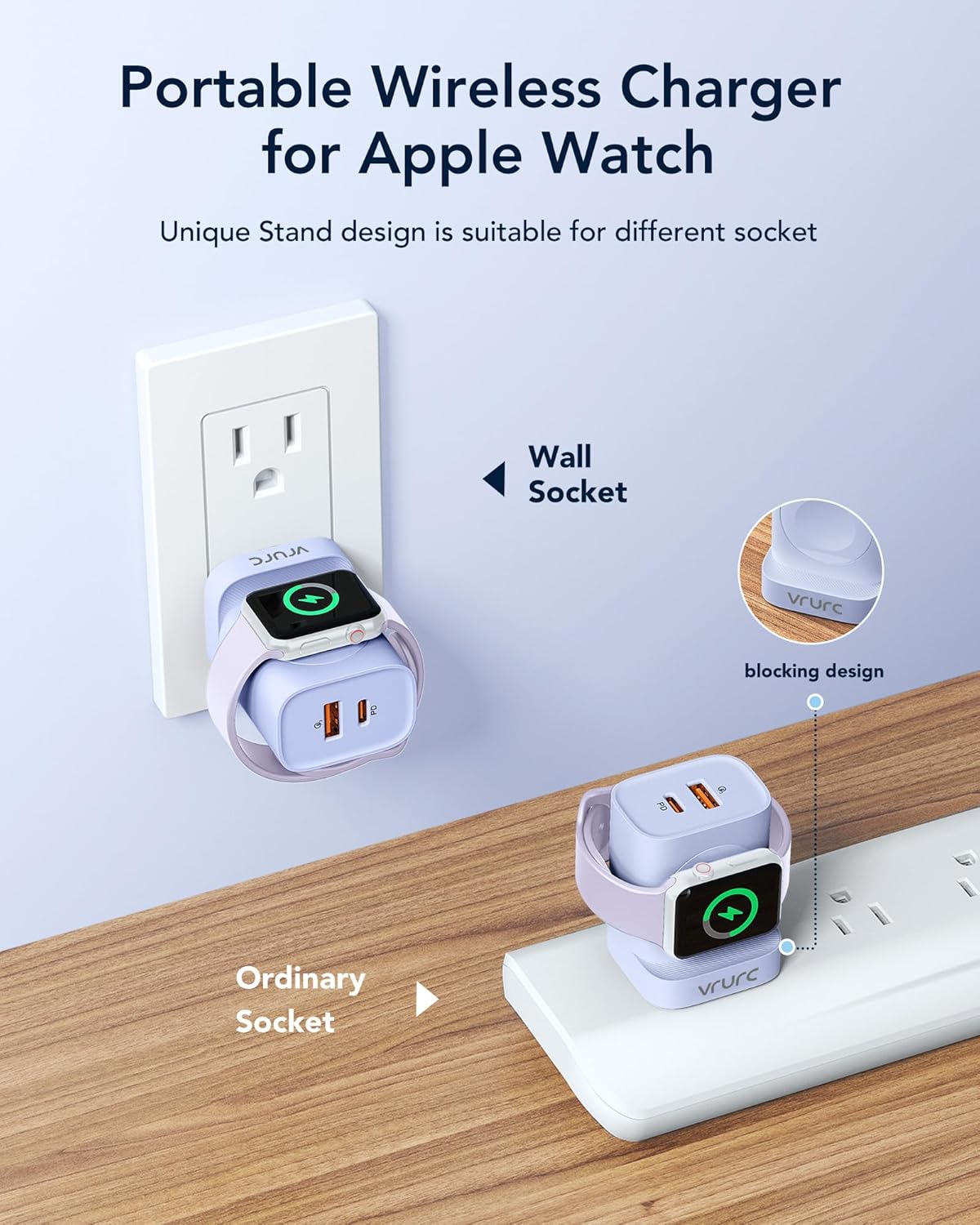 VRURC for Apple Watch Charger, Portable iWatch Charger Stand, 20W PD Fast Charging Block for iPhone, USB C Wall Ttravel Plug for Apple Watch Ultra/SE/11/10/9/8/7/6/5,iPhone 17/16/15 14 13-Purple