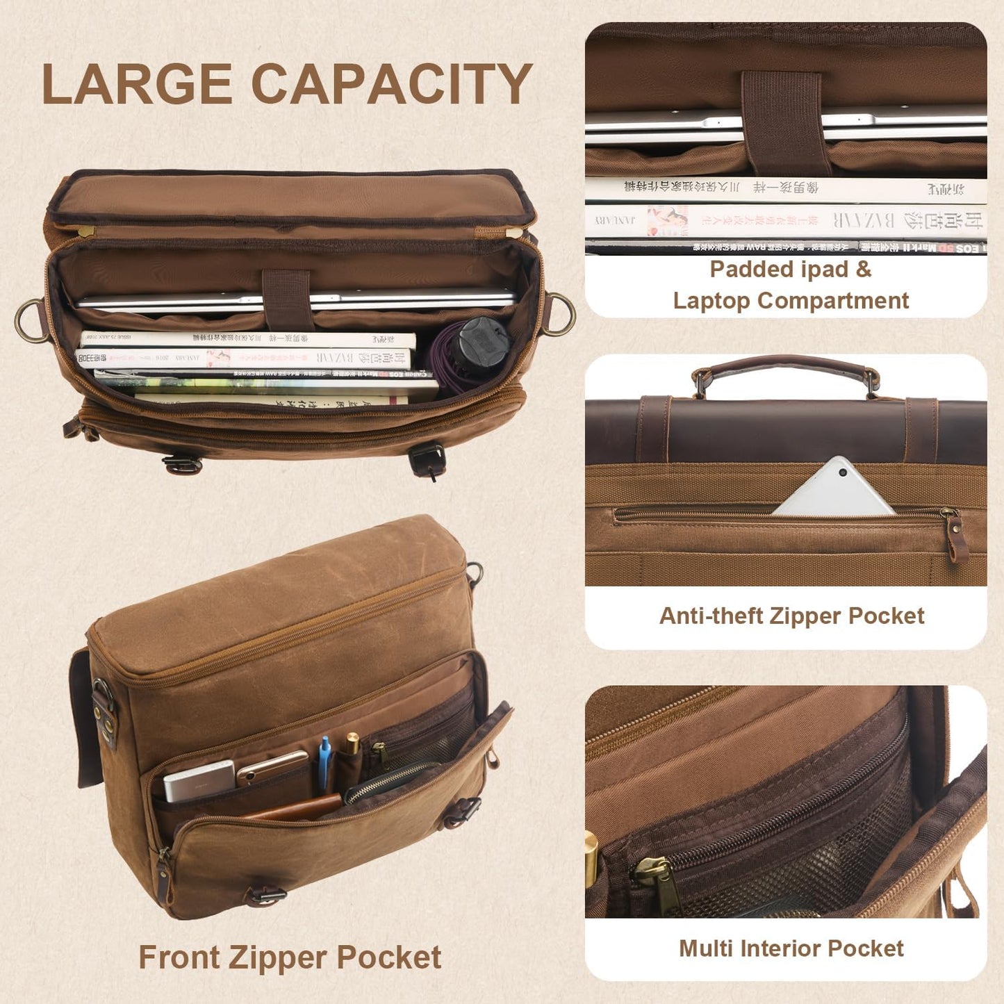 Mens Messenger Bag Waxed Canvas Laptop Briefcase 16“ Vintage Genuine Leather Crossbody Bags Waterproof Satchel Shoulder Bag