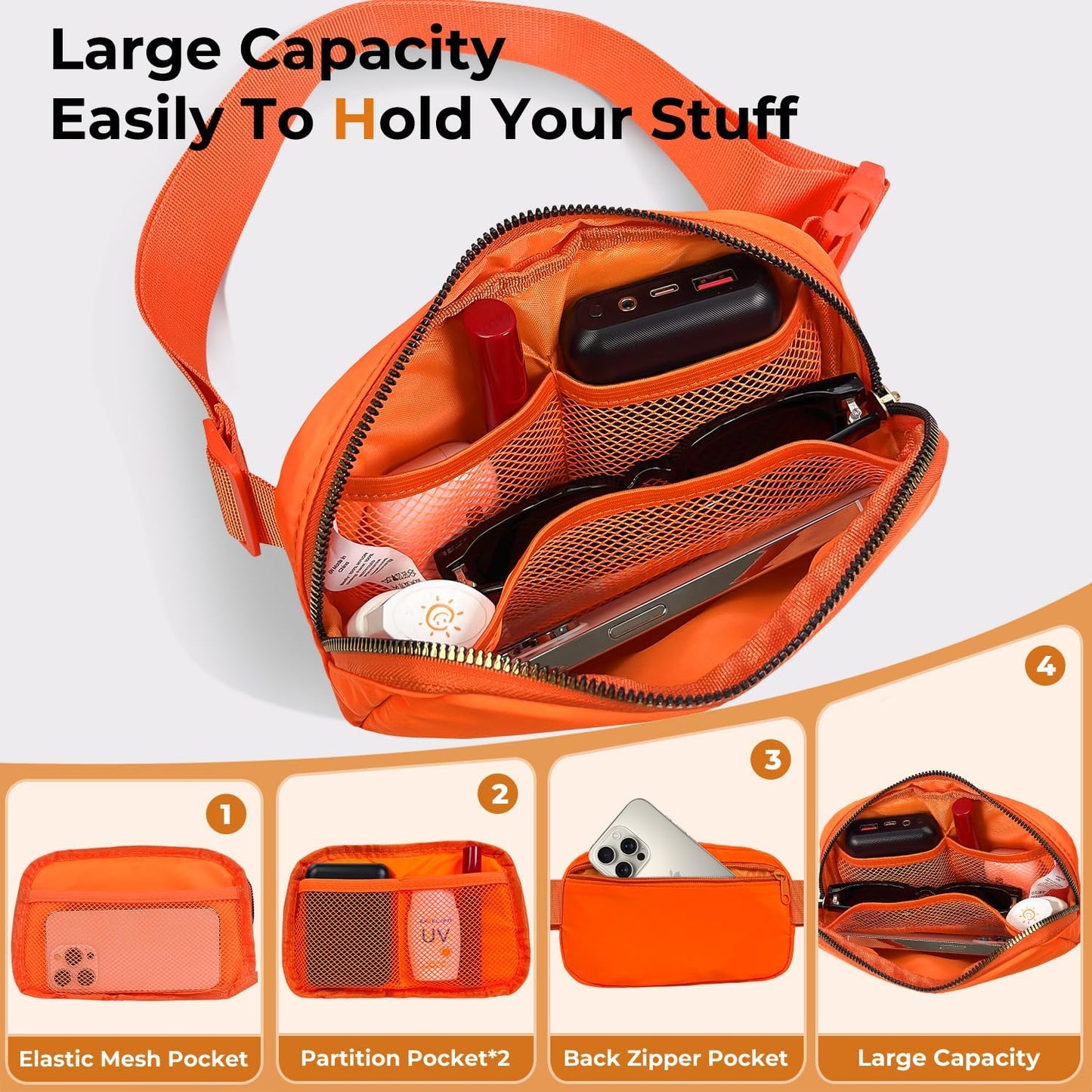 Belt Bag Zipper Fanny Pack Crossbody Bags for Women,Fashion Nylon Waist Packs, Water Repellent Two Way wear with Adjustable Strap Gifts for Teenage Girls Women Men(orange)