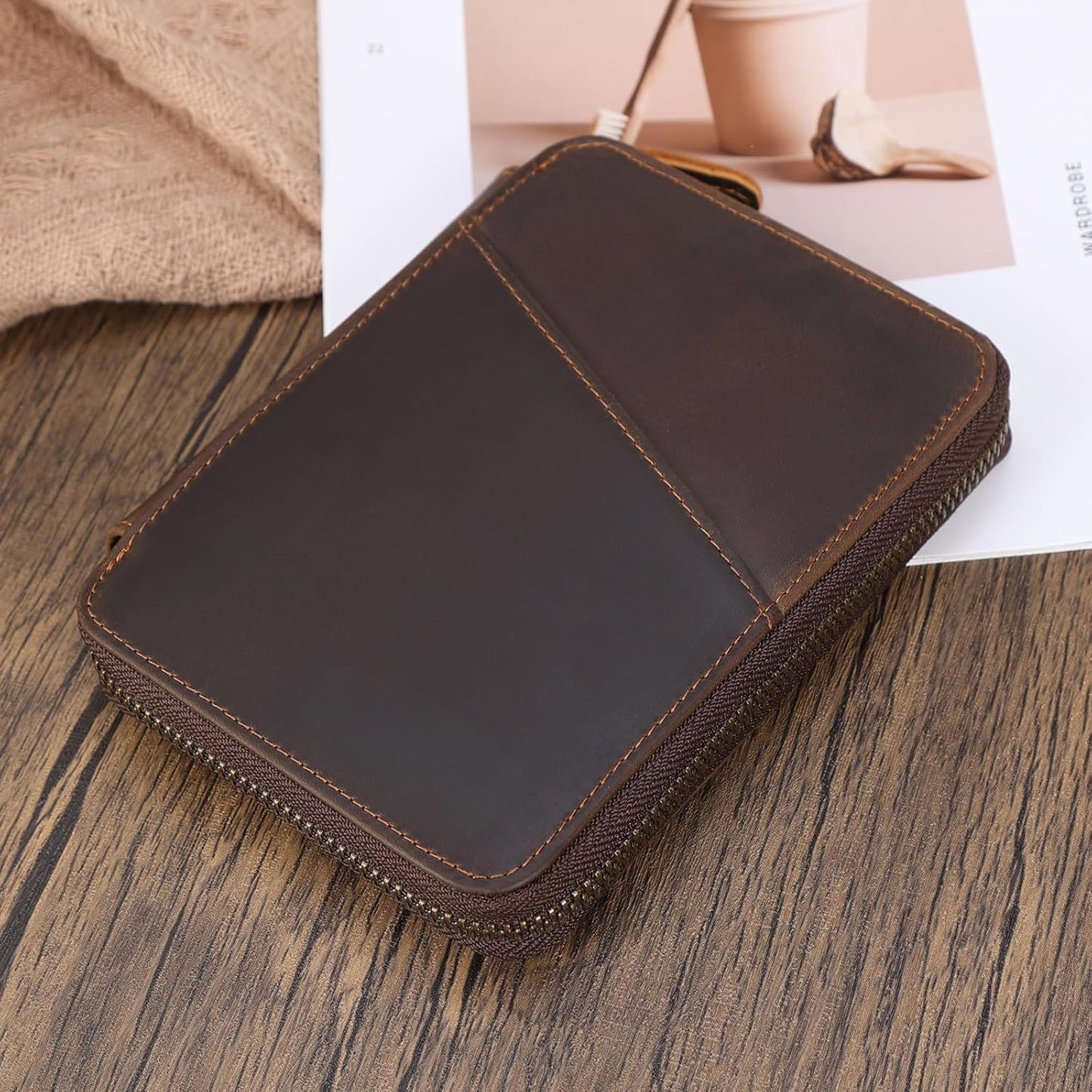 Real Leather Wallet Airtag Compatible RFID Bifold Travel Card Holder (Dark Brown)