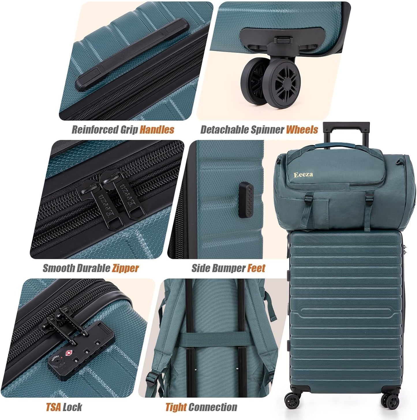 Expandable Luggage Sets 21"/25"/30" 5 Piece Luggage Set,Suitcase Sets with ABS Hard Shell Lightweight TSA Lock and Detachable Double Spinner Wheels(DarkGreen,BP/TB)