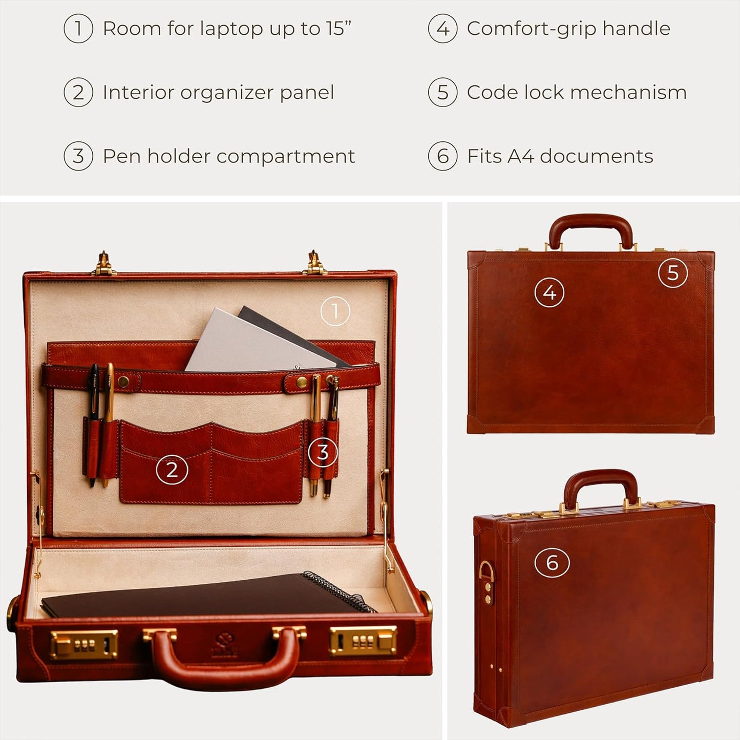 Time Resistance Leather Attache Case - Full Grain Italian Leather Briefcase - Laptop Bag up to 15”