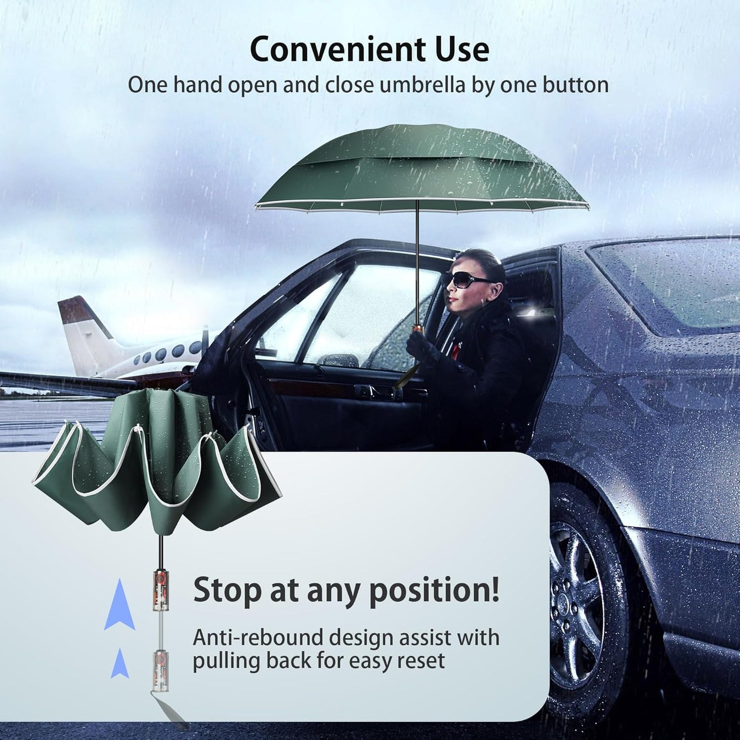 Urvoix Compact Golf Umbrellas Windproof, Travel Umbrella for Rain, 10 Ribs Aluminum Alloy & Fiberglass w/Reflective Stripe, Double Canopy Automatic Anti-bounce Close