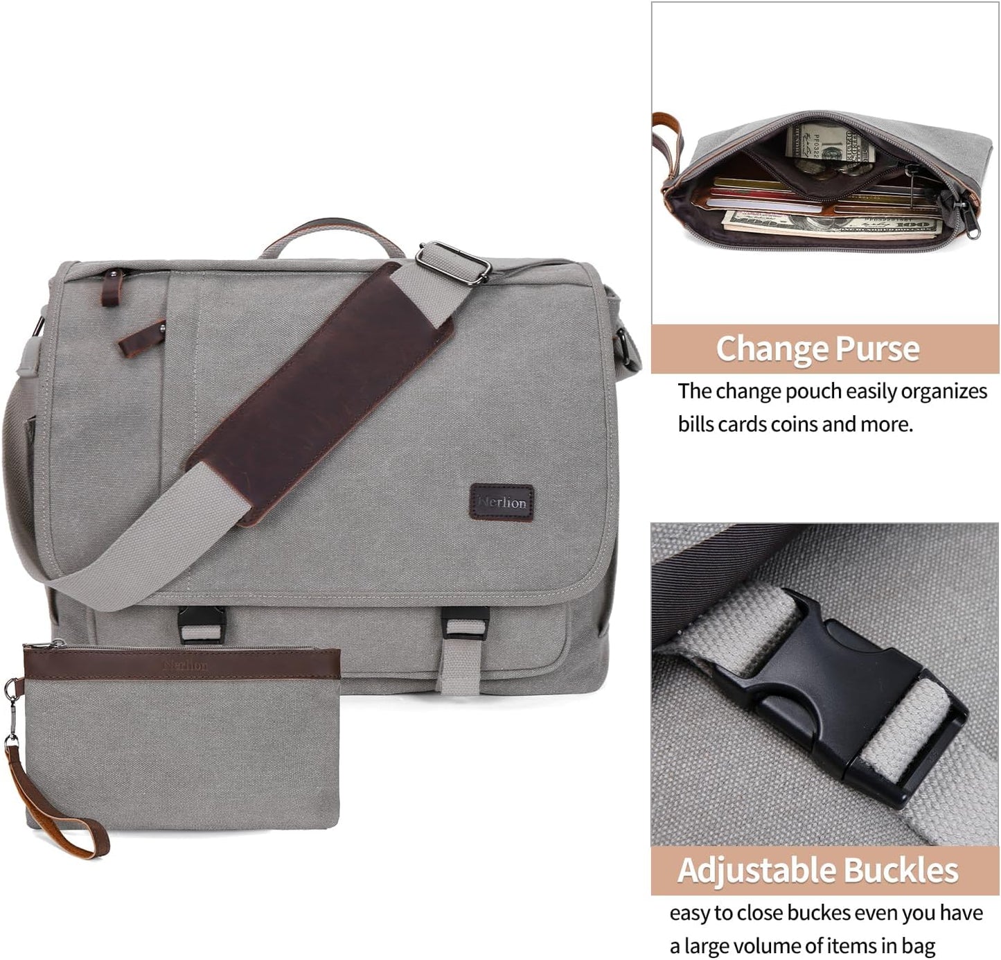 Nerlion Messenger Bag for Men 17-17.3 Inch Laptop Bag Canvas Water-resistant Computer Bag Shoulder Bag Work Briefcase Bookbag for College (Light Gray)