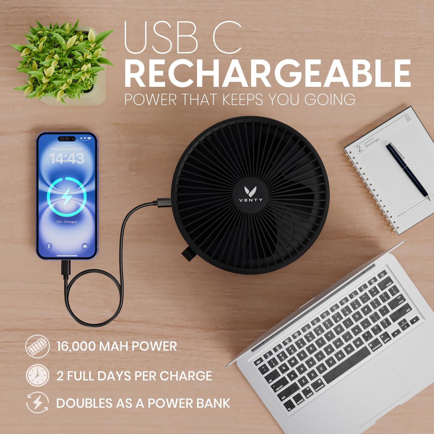 VENTY Portable Fan - Wireless Battery Operated Fan - 4 Speeds - LED Lighting - Carry Case & Remote