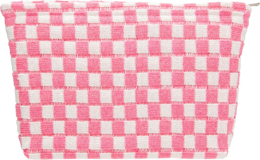Knitted Checkered Makeup Bag Large Zipper Make Up Accessory Pouch for Purse Cosmetic Brush Bag for Travel Essential Pink White