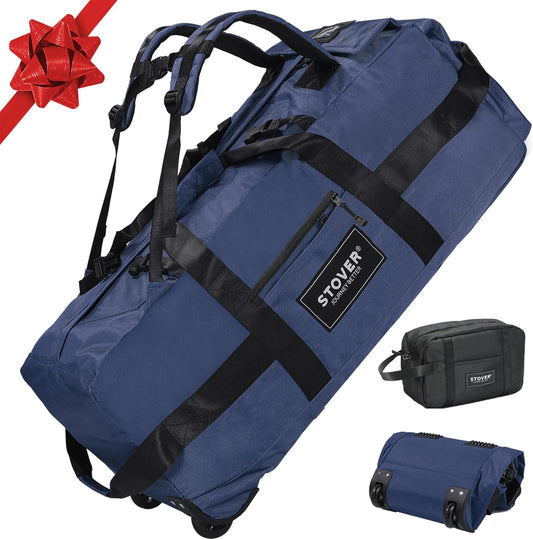 STOVER 80L Rolling Duffel Bag with Wheels, Large 31 Inch Durable Travel Duffle + Toiletry Bag, Heavy Duty, Packable, Foldable w/Shoulder Straps- Use as Luggage or Backpack, Men/Women (Blue)