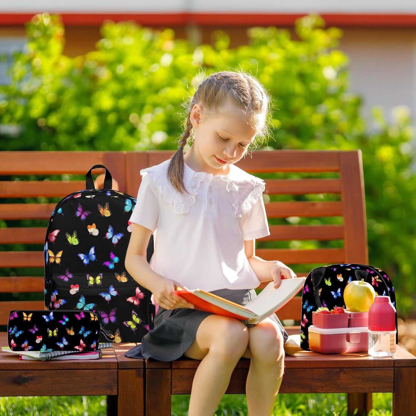 3PCS Butterfly Backpack Set for Girls, Large Lightweight 17 Inch Backpack with Lunch Box & Pencil Case for Kids, Back to School Bookbag for Elementary Middle School